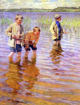 un après midi de pêche Nikolay Bogdanov Belsky enfants impressionnisme enfant Peinture à l'huile